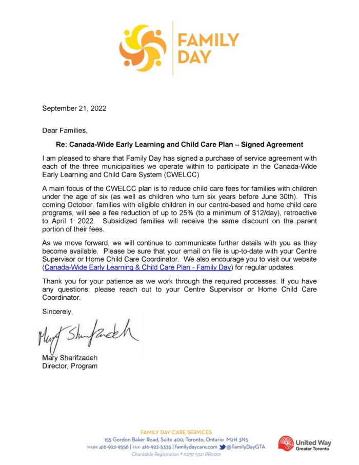 Letter to Parents re: CWELLC Family Day Agreements being signed - Click to get to more information about the Canada-wide Early Learning Plan