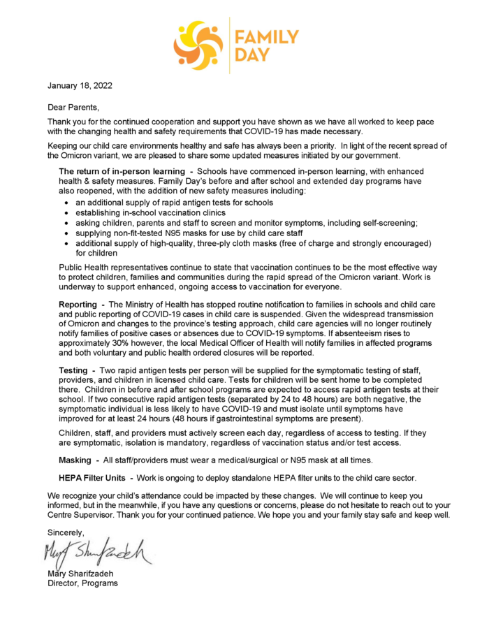 Letter to Parents regarding new health and safety measures from the government